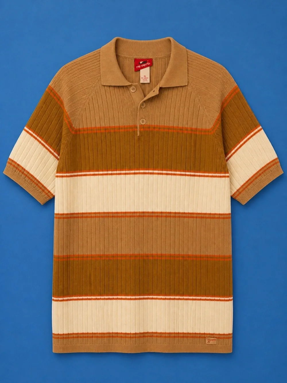Vintage Y2K Reverb Ribbed Knit Polo Shirt Tan Brown Orange Striped XL